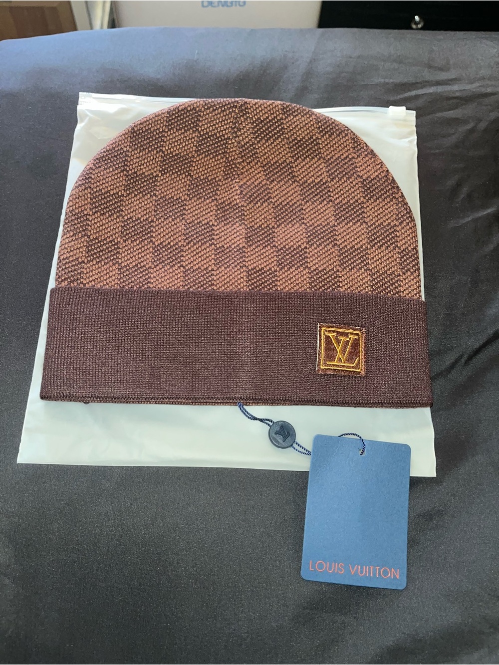 Louis Vuitton Brown Checker Fold-Over Beanie with Gold LV Patch